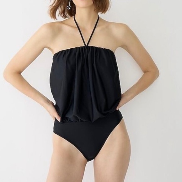 J. Crew Womens Draped Blouson One Piece Swimsuit Size 24 Black Floaty Fit Halter - Picture 4 of 13